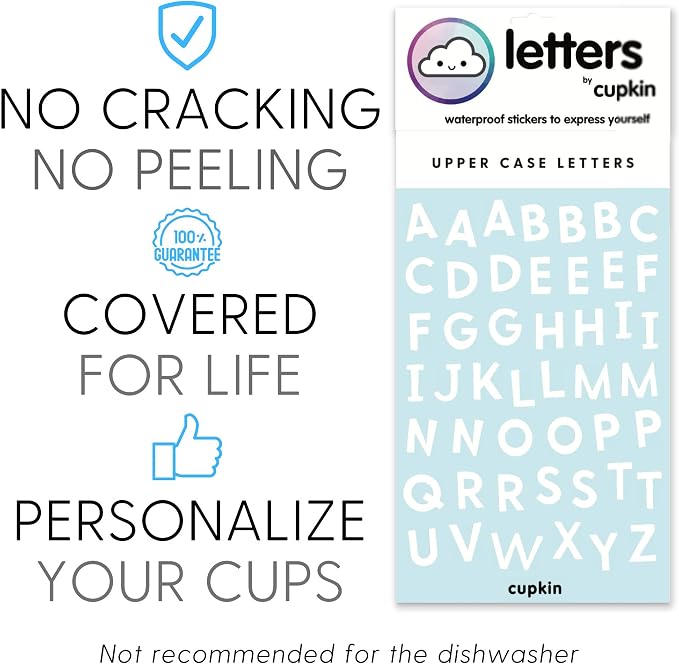 CUPKIN Waterproof Stickers to Personalize Your Stainless Steel Kids Cups: Write Your Kid's Names or Fun Words (47 Sticker Sheet)