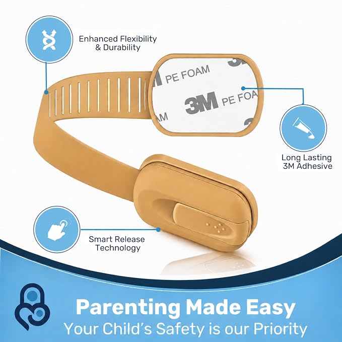 3M Adhesive Child Safety Strap Locks by Baby Proof Me, Baby Latches for Cabinets, Dishwashers, Fridges, Ovens and Trash Cans, Stain Free Toilet Lock (Oak, 6 Safety Latches)