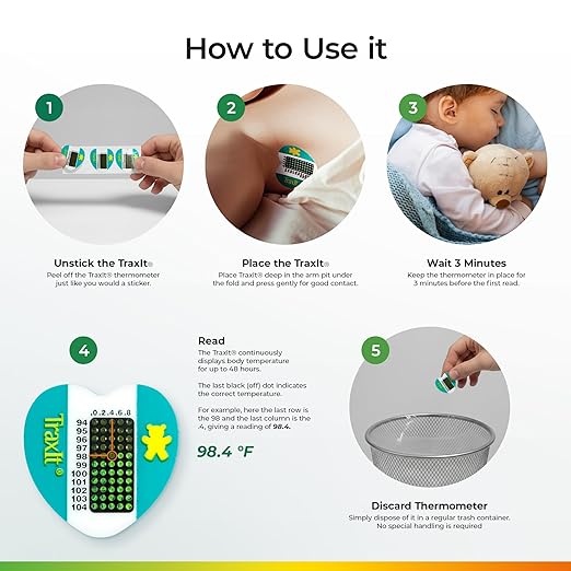 Underarm Thermometer Sticker for Kids, Babies 6+ Months (100-Pack, Fahrenheit) — Wearable for Up to 48 Hrs with Continuous Temperature Readings, Battery Free, Single Use, Disposable Thermometer