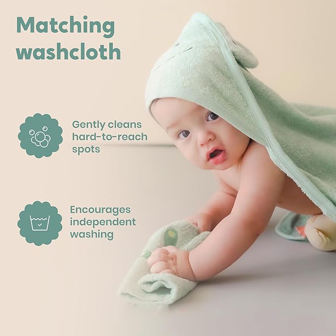CuddleBug Hooded Baby Bath Towel & Washcloth Set (Bear) - 100% Cotton Terrycloth Hooded Baby Towels for Newborn & Toddler - Super-Soft & Absorbent, Newborn Essentials (33" x 33") - Sage Green