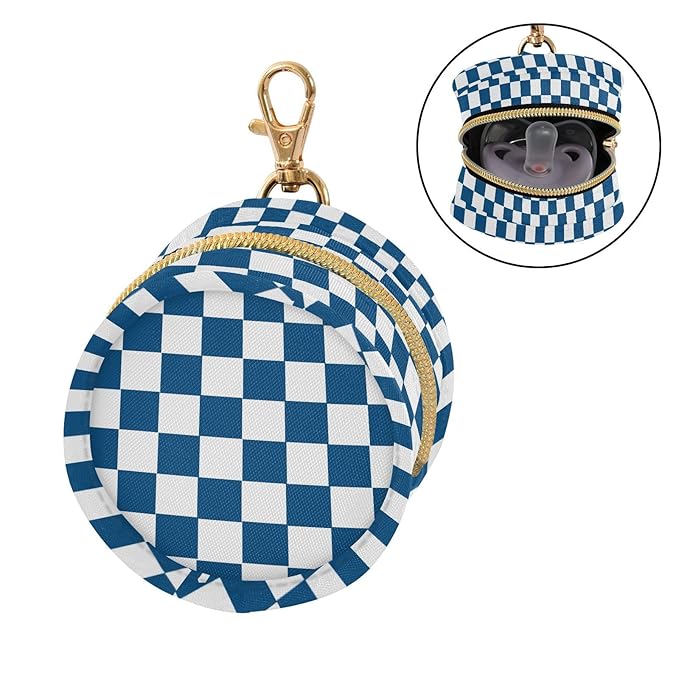 Checkered Plaid Dark Blue Pattern Pacifier Holder Case with Metal Clip Portable Pacifier Cover for Travel