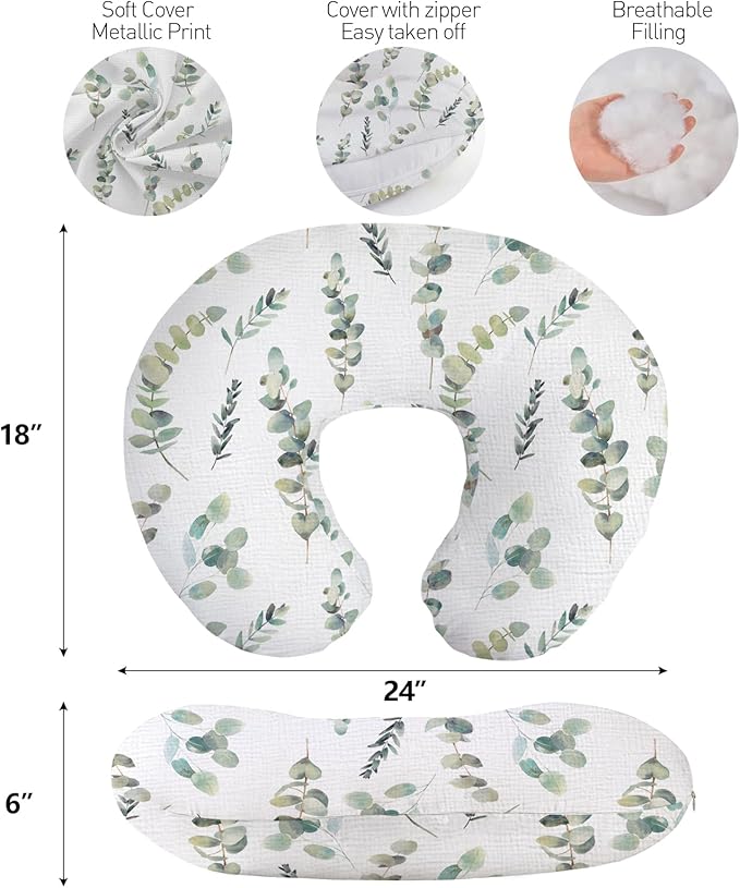 Little Grape Land Nursing Pillow, Soft 100% Cotton Breastfeeding Pillow with Breathable Muslin Removable Cover, Green Leaves Breast Feeding Pillows for Babies 0-12 Months with Protective Zipper