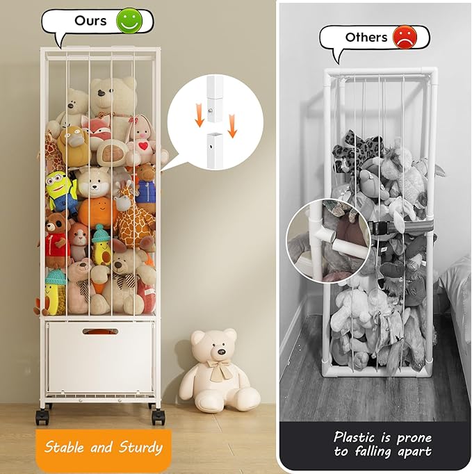 BUKFEN Metal Stuffed Animal Storage Zoo Toy Organizer - Large Capacity Plush Holder with Adjustable Elastic Cords & 4 Wheels, Vertical Space-Saving Design for Kids Nursery Playroom Bedroom,White