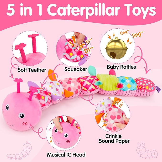 Baby Tummy Time Toy 0-6 Month Musical Stuffed Animal Plush Caterpillar Toy for Infant 6-12 Month Teething Sensory Toy with Crinkle Rattle for Babies 0-3-6 Month Newborn Toys for Boy Girl Birthday Gift