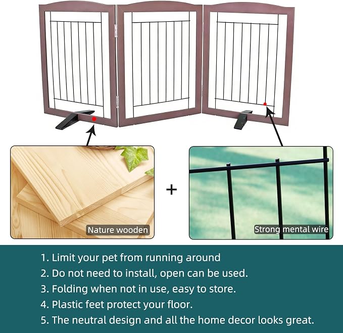 Dog Fence Indoor,Dog Gate Indoor for Doorway pet gate -3-Panel Freestanding, Hallways, House or Stairs -60x24-Inch Retractable Foldable Expandable Wood Pet by SFJC (Brown) ﻿