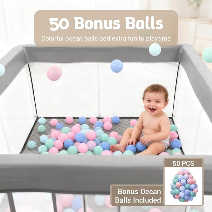 Foldable Baby Playpen, 50"×50" Collapsible Play Yard for Babies and Toddlers, No Assembly Required, Kids Safety Play Area with 4 Handles, 50 Balls and Visible Mesh, (Grey, 50x50 Inch)