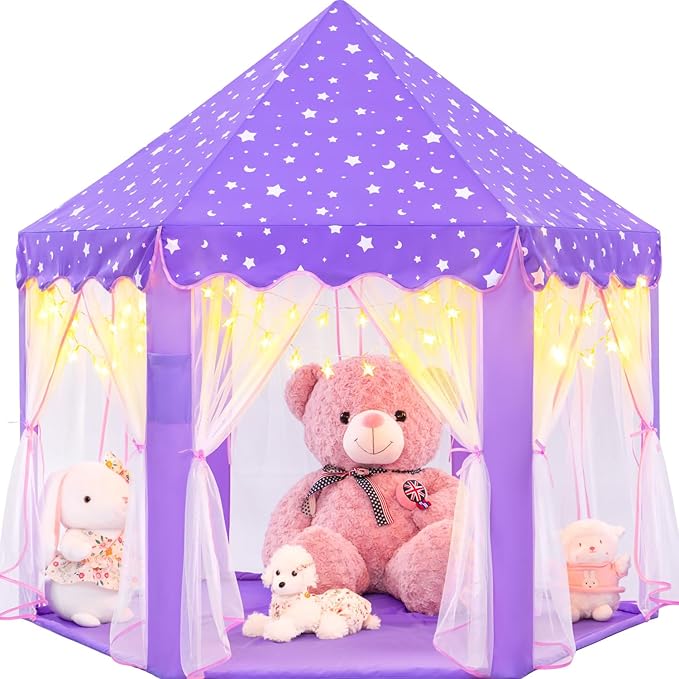 EVOIONOS Purple Tent for Girls, Kids Tent Indoor, Princess Tent with Star Lights, Girls Play Tent, Princess Castle Playhouse Tent, Little Girls Lavendar Tent, 55x53 Princess Tent for Girls