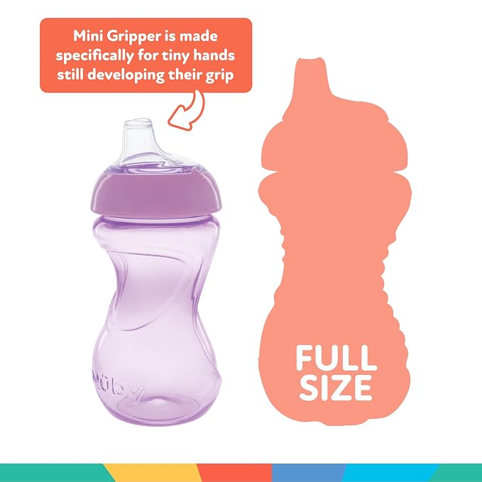 Nuby Mini Gripper No-Spill Baby Sippy Cups with Soft Spout - (3 Pack) 6 oz - 6+ Months - Pink/Purple/Aqua