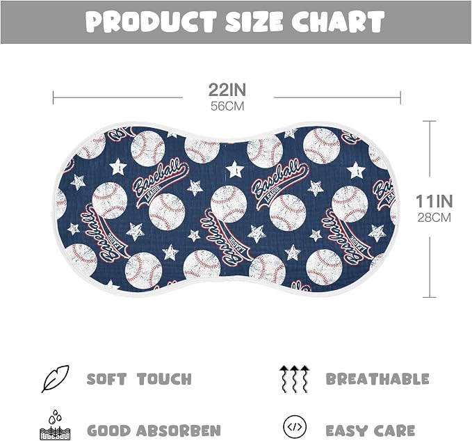 Muslin Burp Cloths for Baby Boys and Girls - 2-Pack Ultra Absorbent Baseball Muslin Washcloths, Newborn Towel, Milk Spit Up Rags, Burp Cloth Bib for Unisex, 22 x 11 Inch