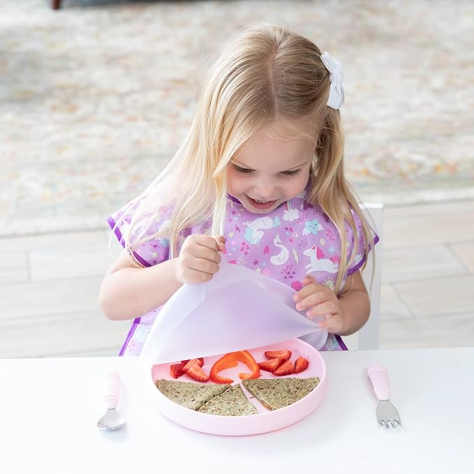 Bumkins Toddler and Baby Suction Plate, Divided Grip Dish Cover for Babies and Kids, Baby Led Weaning, Feeding Supplies, Store and Label Leftovers, Food Prep Portions, Fits Dish and Plate