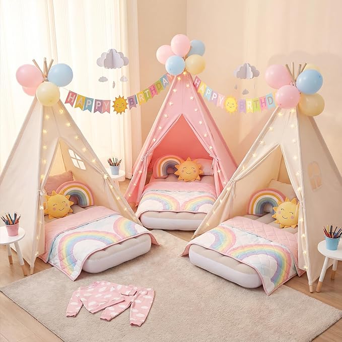 wilwolfer 2 Pack Teepee Tent for Kids with Inflatable Airbed, Indoor Play Tent Foldable for Boys Girls Party Sleepover Slumber Gifts Toy(Pink, White)