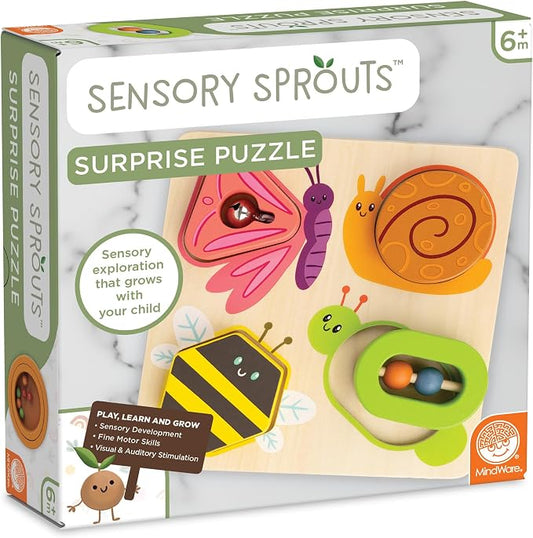 MindWare Sensory Sprouts Surprise Puzzle - Wooden Baby Puzzle with Mirror, Bells & Beads - Educational Toy for Infants & Toddlers 6+ Months Montessori Baby Toy