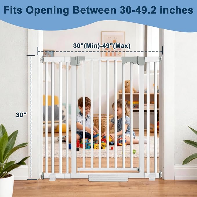41" Extra Tall Dog/Pet Gate gate for Indoor,Heavy Duty Pressure Mount Baby Gate with Auto-Close & Walk Through,Adjustable Width 30-49.2 Inches, for Stairs, Doorways, Kitchen, White