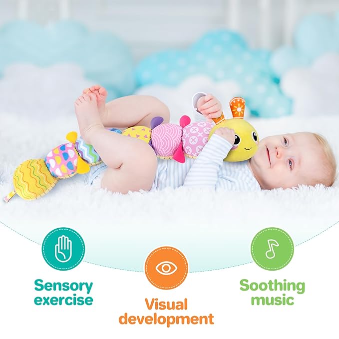 KMUYSL Baby Toys 0-12 Months, Musical Animal Stuffed Toy with Crinkle, Rattles & Lullaby, Plush Toy for Infant Newborn, Yellow Fabric Cotton