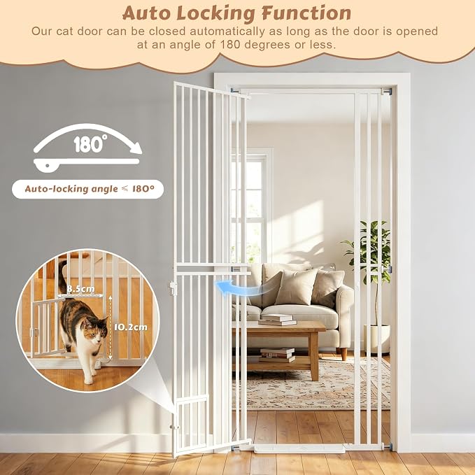 78.7" Extra Tall Pet Gate with Cat Door, Pressure Mounted Dog Gate Walk Through No Drilling, 27.5"-37.4" Wide Tall Pet Gates for Doorways & Stairs, White