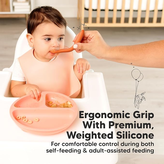 KeaBabies 3-Pack Silicone Baby Spoons and 3-Pack Suction Plates with Lids - Toddler First Food Training Spoon - 100% Silicone Suction Plates with Lids for Babies