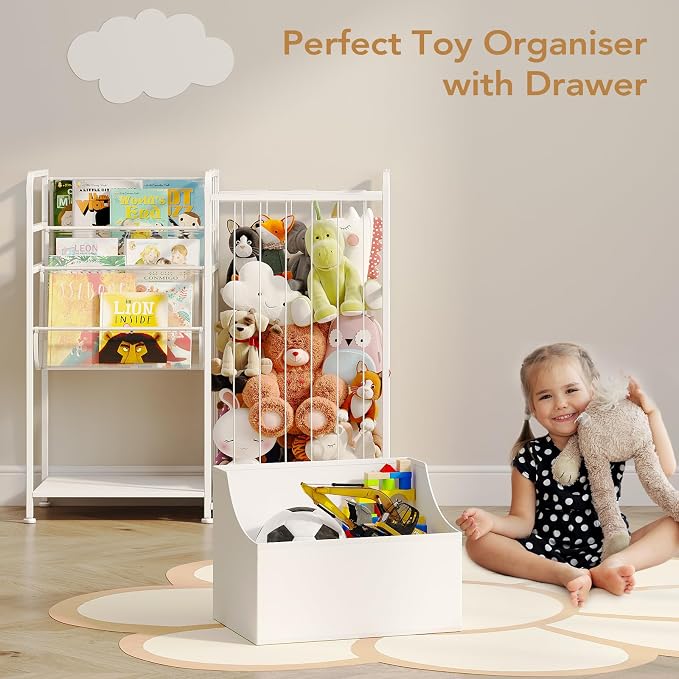 BBLIKE Kids Bookshelf and Stuffed Animal Storage - Multi-Function Nursery Book Shelves with Leather Toy Box and PVC Book Display, Toy Organizer for Playroom, Bedroom, Nursery, White