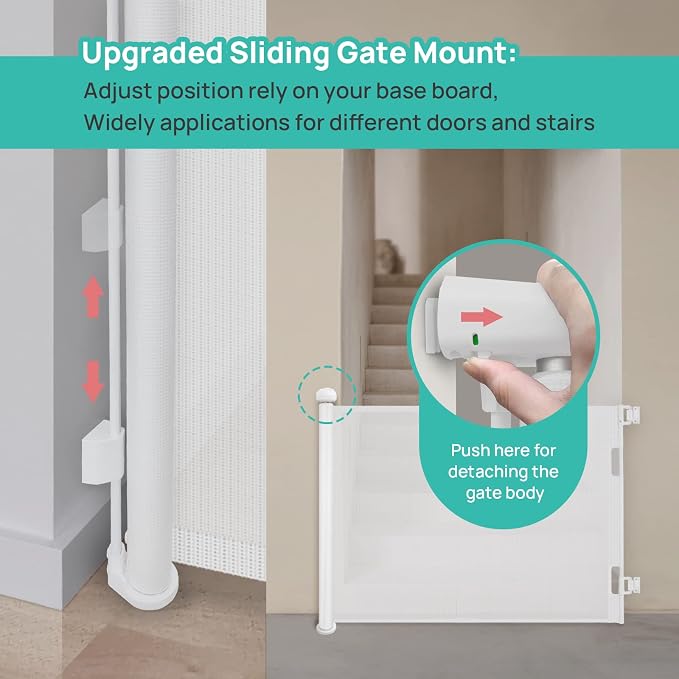Retractable Baby Gate, Upgraded One-Way Lock Mesh Dog Gate Tall 34”, Extends up to 71” Extra Wide Pet Gate and Safety Child Gate for Stairs, Doorways, Hallways, Banisters, Indoors, Outdoors