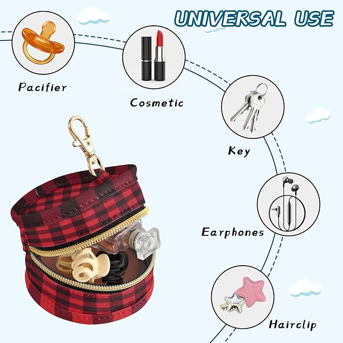 Pacifier Holder with Clip Pacifier Case for Diaper Bag Round Baby Pacifier Pouch Box Bag Portable Red and Black Buffalo Plaid