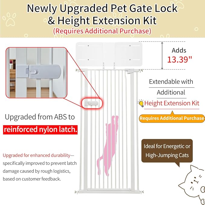 Lumizone Extra Tall Cat Gate 55.12" High Pressure Mounted 29.92"-59.44" Extra Wide 1.37" Gap No Drilling Auto-Close One-Handed Operation Tall Pet Gate for Dogs(White, 55.12" H x 29.92"-59.44" W)