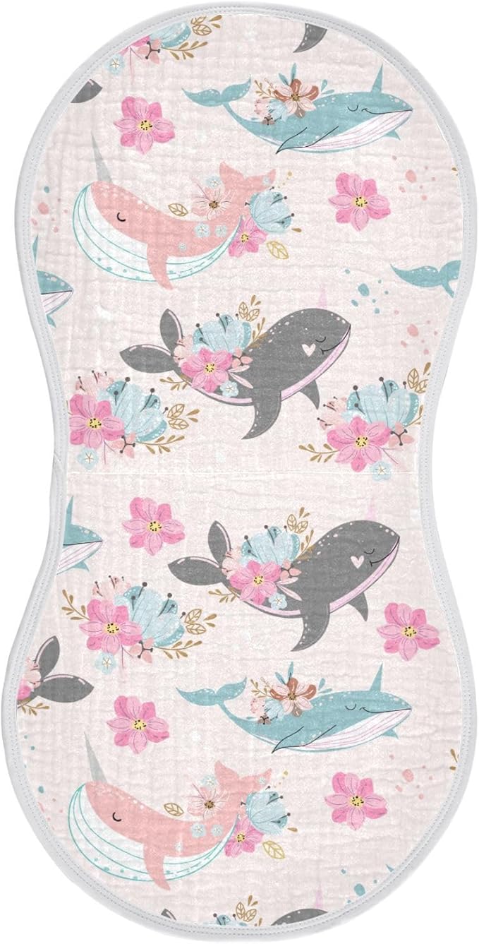 vvfelixl Muslin Burp Cloths Whale Narwhal Flowers Baby Washcloths for Baby Girl Boys 2 Pack