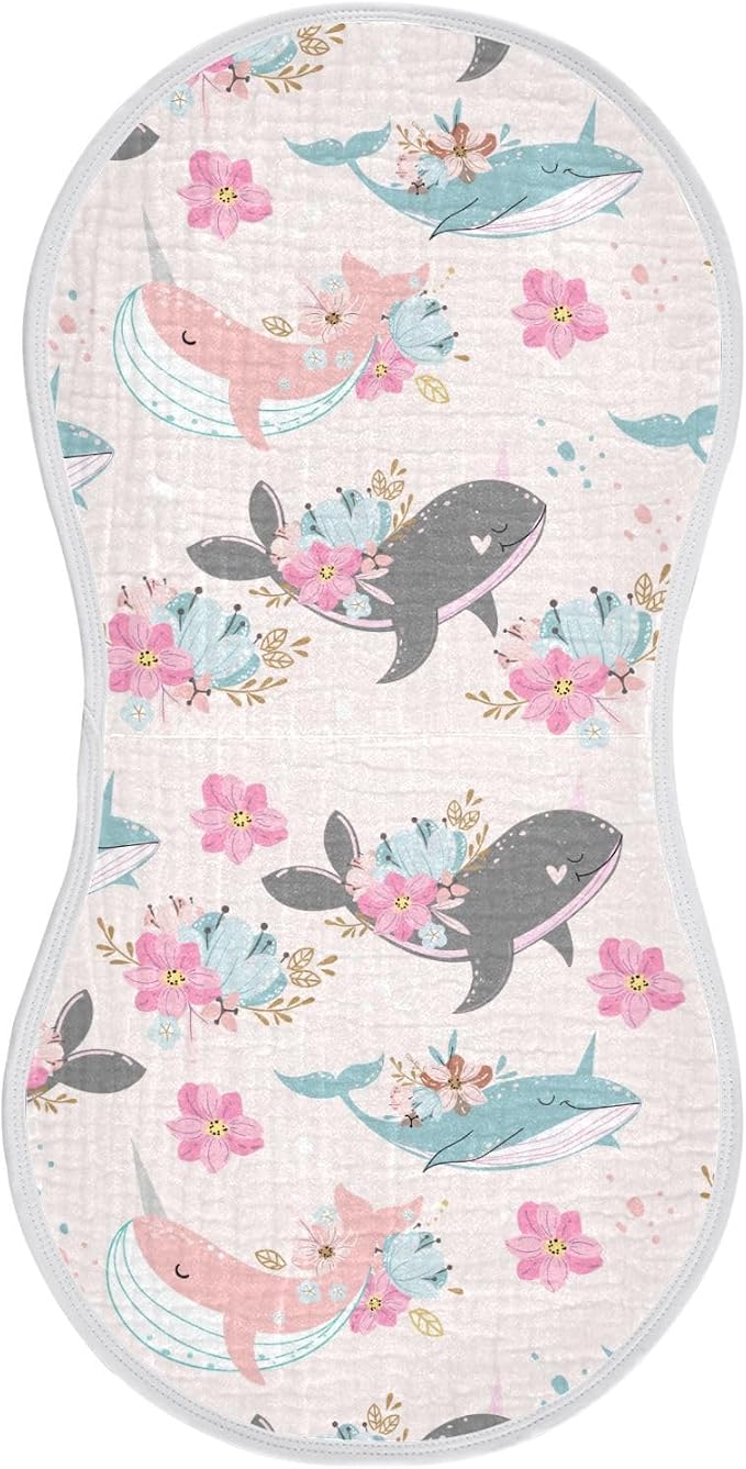vvfelixl Whale Narwhal Flowers Burp Cloths for Baby Boy Girls Baby Washcloths Burp Rags 1 Pack