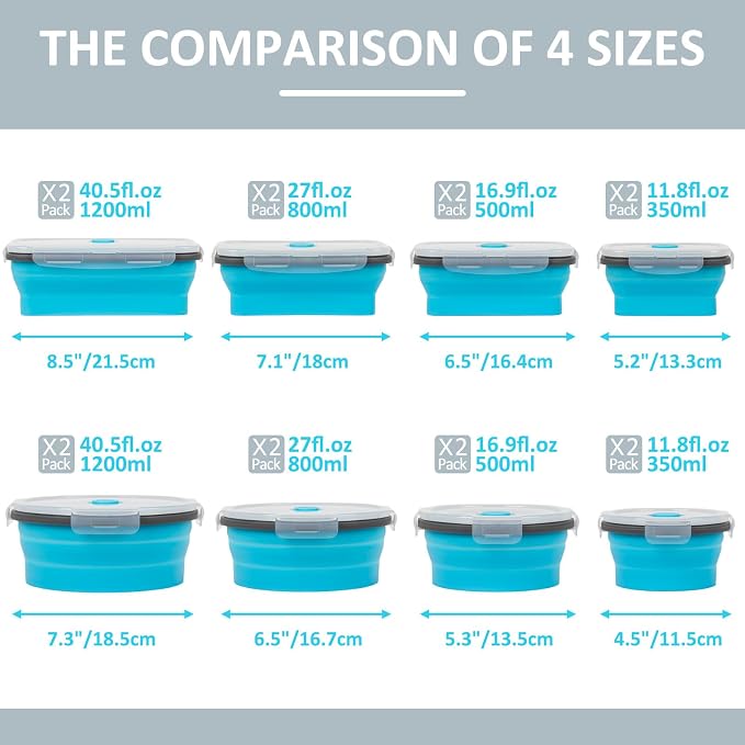 Collapsible Silicone Food Storage Containers Set with Lid & Air Vent, Foldable Lunch Containers, 16 Pack (8 Rectangular + 8 Round Bowls), BPA-Free, Space-Saving