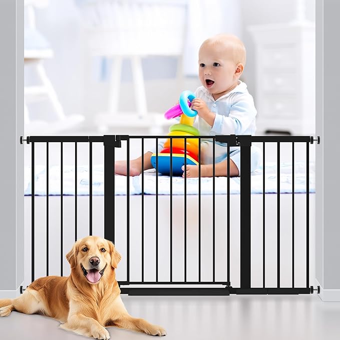 29-57 inches Extra Wide Metal Baby Gate for Stairs/Doorways, 30 inches Tall Pressure Mounted Pet Gates, Auto-Close Child Safety Gate, No Drilling Easy Walk-Through Dog Gate Indoor, Black