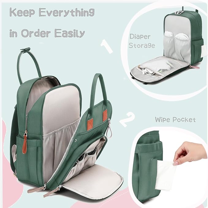 LORADI 18 Pockets Large Diaper Bag Backpack with 4 Insulated Pockets and Stroller Clips, Baby Shower Essentials (Sage, Extra-large)