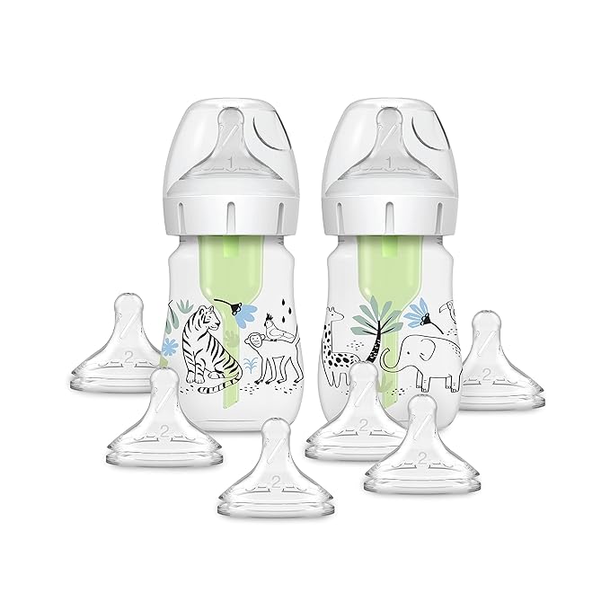 Dr. Brown?™s Natural Flow® Anti-Colic Options+??Wide-Neck Baby Bottle Designer Edition Bottles, Jungle Decos, 5 oz/150 mL, Level 1 Nipple, 2-Pack, 0m+ with 6-Pack Level 2 Nipples