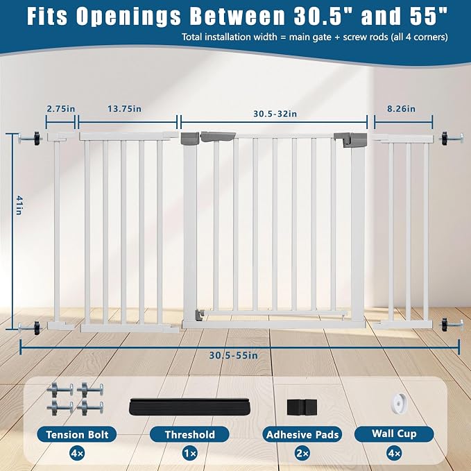 Rgqphantom 41" Tall Safety Pet Gate,Adjustable 30.5"-55" Wide,No Drilling Pressure Mount Kit,Auto Close Cat Gate Suitable for Stairs,Doorways,White (30.5"-55" W)