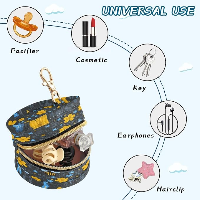 Pacifier Holder with Clip Pacifier Case for Diaper Bag Round Baby Pacifier Pouch Box Bag Portable Blue Floral Fragments and Bees