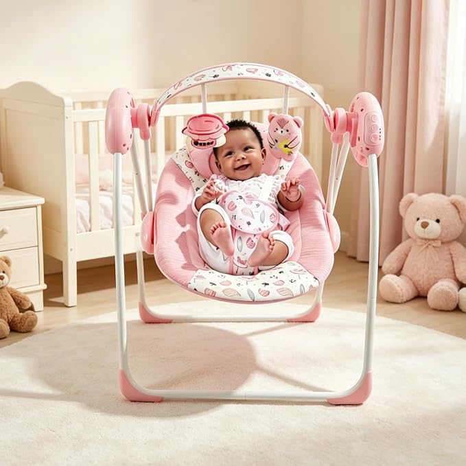 Baby Swing for Infants, Compact Foldable with 5 Speeds, Music & Soothing Vibration, Cute Floral Pattern Soft Cushion Seat,Timer & Removable Bar, Indoor Use, 0-9 Months (6-20 lbs) Pink
