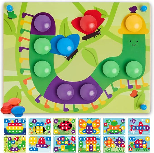 Nene Toys Wooden Color Matching Puzzle for Toddlers 2+ Years – Montessori Pegboard Button Game with Wooden Nails & Cards – Educational Toy for 2 3 Year Old Boys Girls – Fine Motor Skill Learning