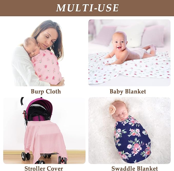 david's kids 4 Pack Baby Muslin Swaddle Blankets,100% Cotton and Ultra Soft Breathable Receiving Blanket Wrap for Girls, New Born Essentials, Large 47 x 47 inches, Floral Flowers/Pink
