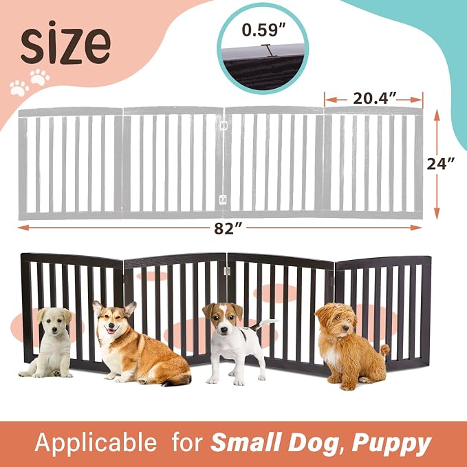 ZENY Freestanding Pet Gate for Dogs - 4 Panels Indoor Foldable Dog Fence for Stairs, Hallways, or Doorways - 82x24-Inch Freestanding Dog Gates, Brown