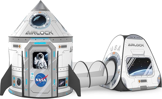3Pcs Kids Rocket Play Tent for Boys: Pop Up Toddlers Spaceship Playhouse with Baby Crawl Tunnel, Ball Pit and Castle Tent - Children Game Tent Toys Indoor and Outdoor for Birthday