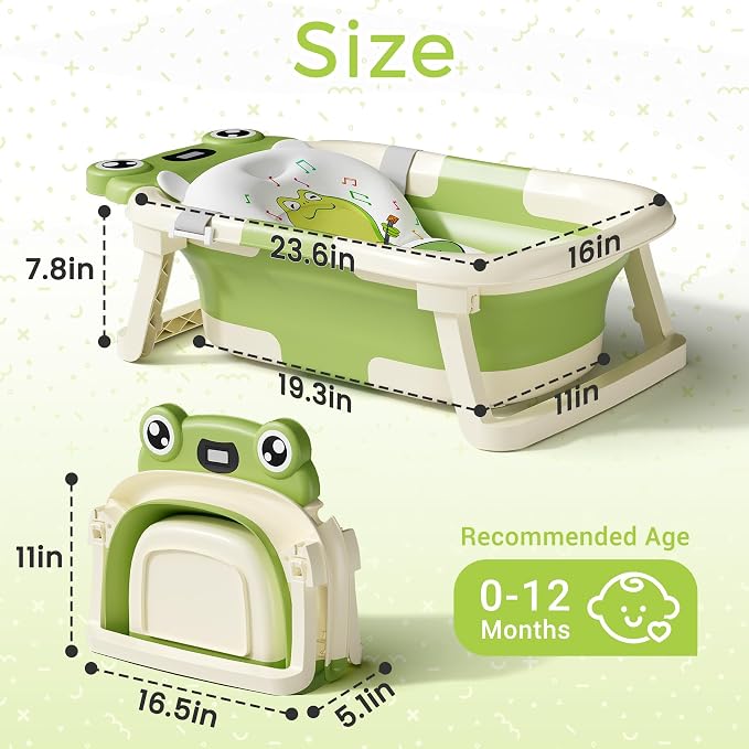 BUNWAG Baby Bathtub, Collapsible Newborn Bathtub for Infant to Toddler with Soft Cushion and Thermometer,Portable Travel Newborn Tub with No-Slip Feet, Baby Shower Gifts, 0-12 Months Baby Bath, Green