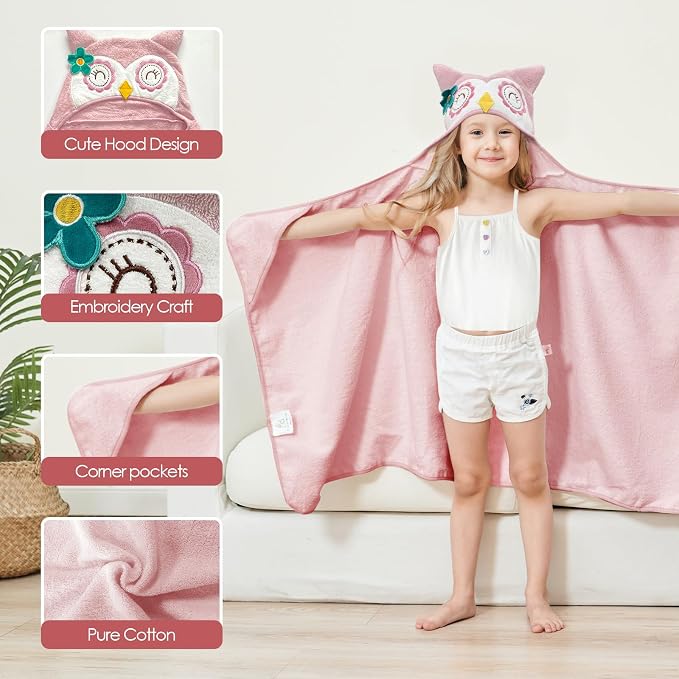 Style Quarters Baby Bath Towel - 100% Cotton Terry Soft Hooded Towel Cartoon Owl Baby Beach Towels Super Absorbent Large Embroidery Kids Hooded Bath Toddler Towel with 50"x30"(Pink Owl)