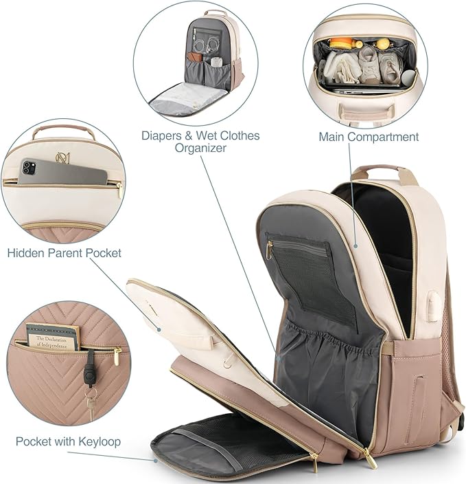 MOMUVO Diaper Bag Backpack, Quilted Baby Bag with Changing Pad & Stroller Straps & Pacifier Case, Large Travel Diaper Bags for Mom Dad, Khaki