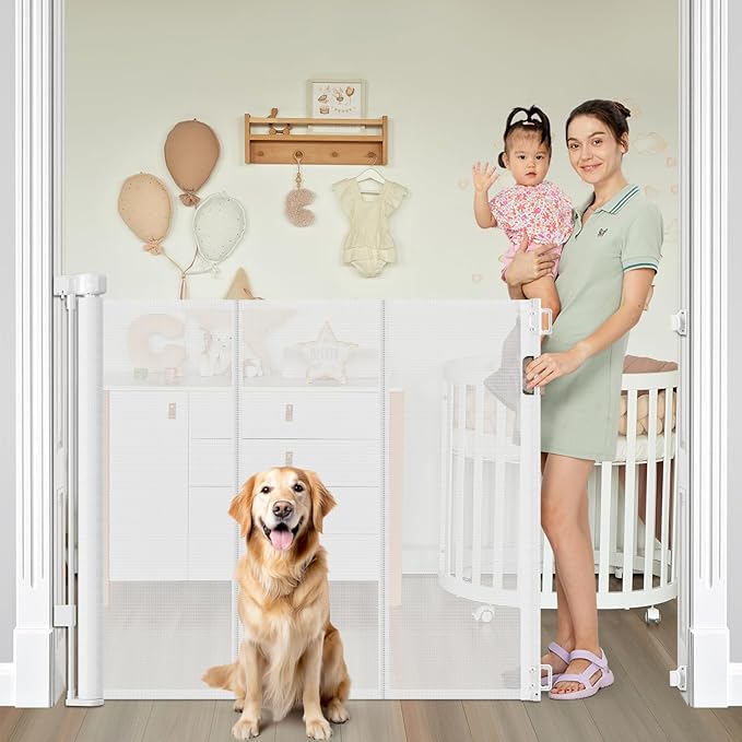 Reinforced 42??Extra Tall Retractable Dog Gate for Doorways, Extends up to 60??Wide, Mesh Baby Gate, Tall Baby Gates with Rods to Prevent Crawling Through Retractable Pet Gate Indoor Outdoor, White