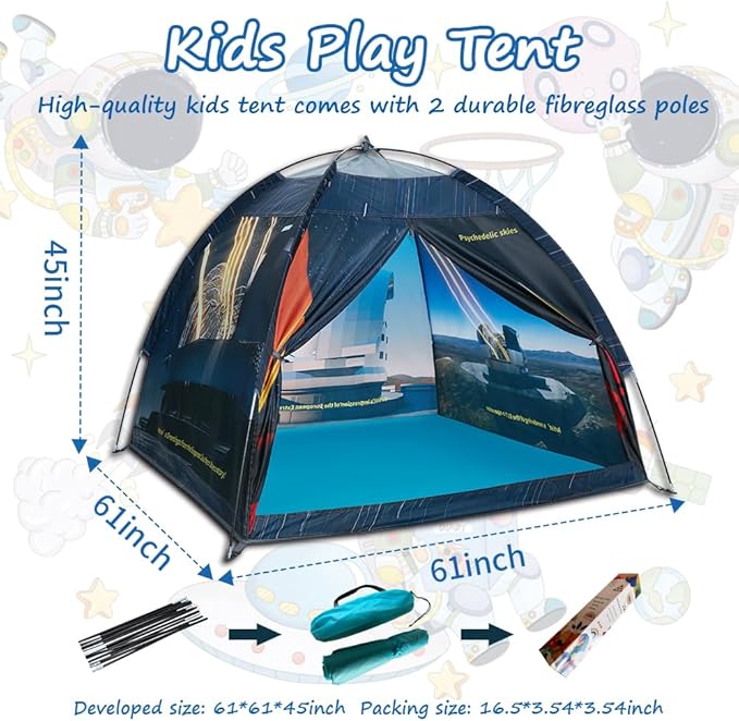 Magnetic Kids Play Tent - 61'x61'x45' Imaginative Popup Dome Playhouse for Kids Indoor/Outdoor Fun - Observatory Space Theme