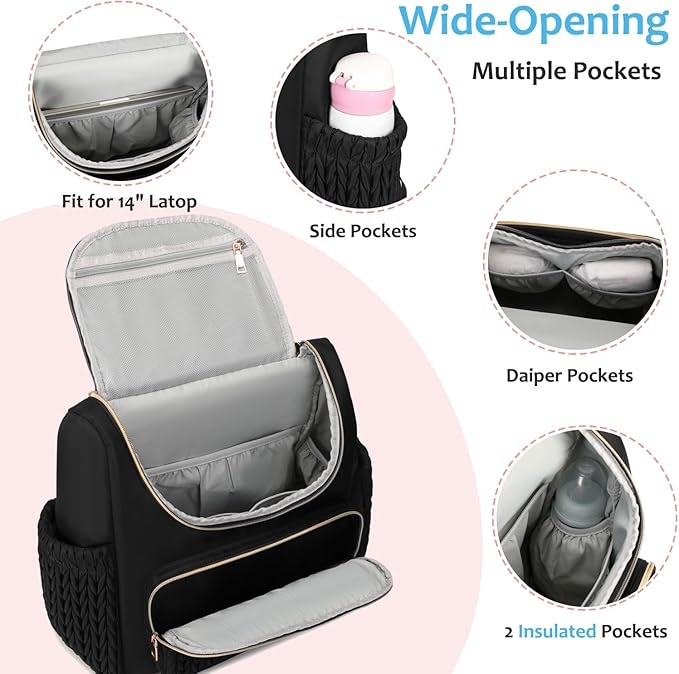 LORADI Diaper Bag Backpack, Baby Shower Gifts, Black | Stroller Clips, Insulated Pockets, Water-resistant, Easy to Clean, Durable