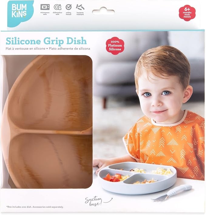 Bumkins Toddler and Baby Suction Plate, Silicone Divided Grip Dish for Babies and Kids, Baby Led Weaning, Children Feeding Supplies, Non Skid Sticky Bottom, Platinum Silicone, 6 Months Up, Woodgrain