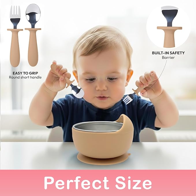 MOMERA Stainless Steel Baby Feeding Set | Suction Plate & Bowl with Spoon Fork | Divided Toddler Plate | BPA‑Free, Durable, Easy to Clean