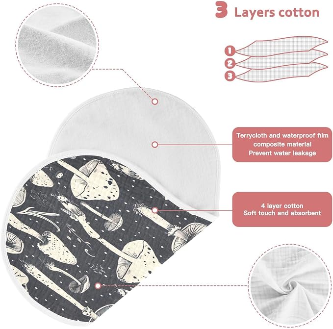 Mushrooms Black Muslin Baby Burp Cloths - Super Absorbent and Soft Burping Rags - Cotton Burp Clothes Set for Boys and Girls, 1 Pack