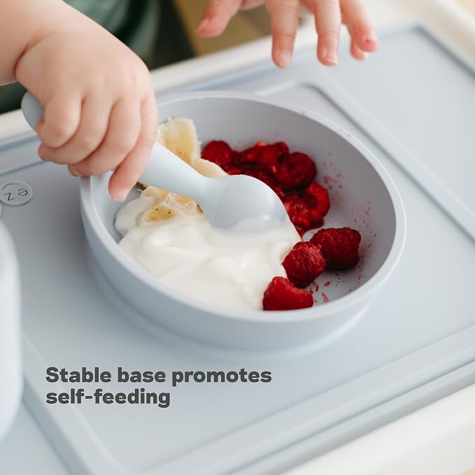 ezpz Mini Bowl (Blue) - 12 Months+ - 100% Silicone Suction Placemat + Bowl for Toddlers - Comes with a Reusable Travel Bag