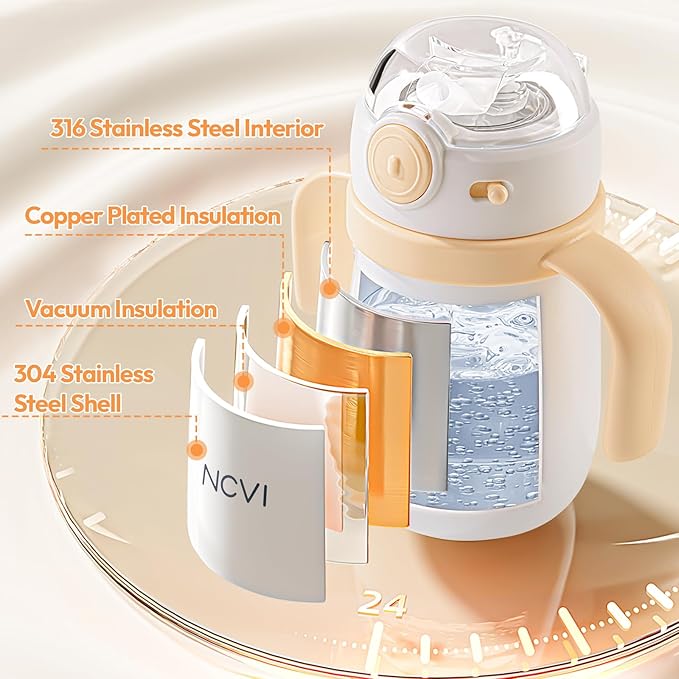 NCVI Kids Stainless Steel Straw Cup for Toddlers 1-3 Years Old, Training Tumbler with Straw Spill Proof with Handle, Insulated Bottle to Keep Cold Warm for Water/Milk/Drink, Yellow 10oz,Christmas Gift
