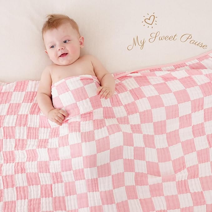 Ultra-Soft Muslin Baby Blanket - Swaddle & Crib for Girls, Pink Checkered (1-Pack)