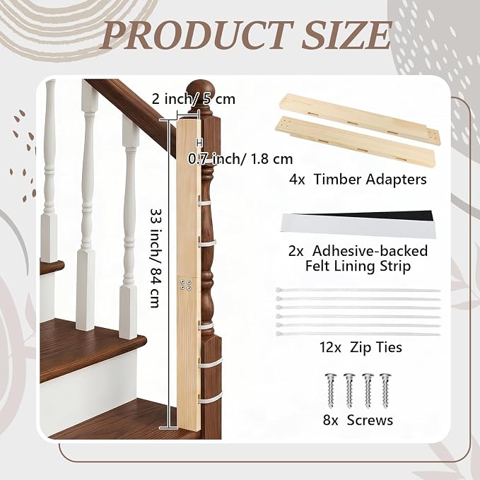 2 Sets No Hole Baby Gate Banister Adapter, Wood Mounting Kit for Stairway, Fits Posts from 2 3/4 inches to 3 1/2 inches Wide with Square or Round Tops up to 33" Tall